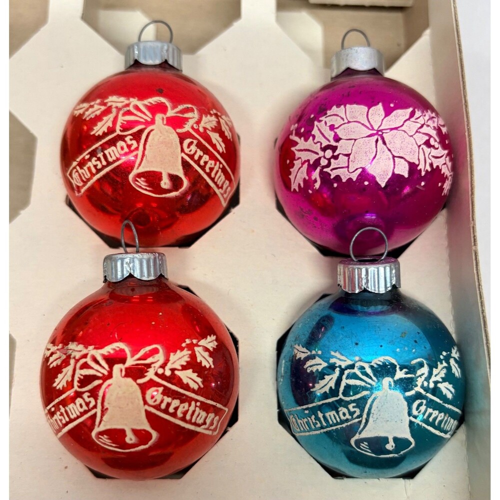 VTG Shiny Brite Christmas Greetings Stenciled Miniature Ornaments 1.5” Lot of 4
